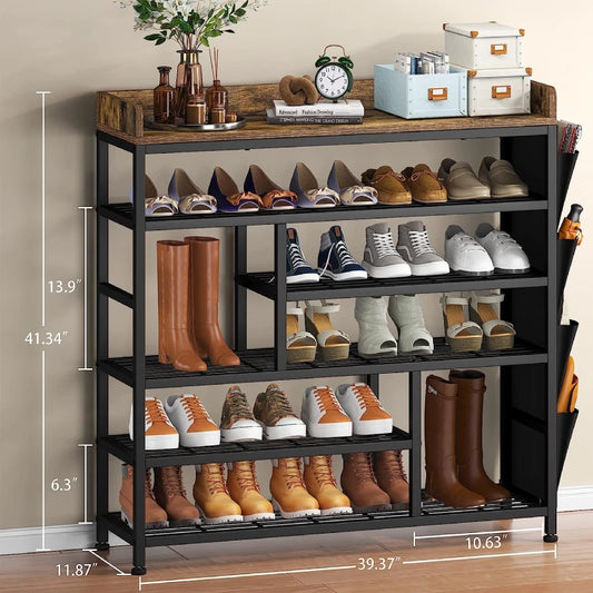 EnHomee Shoe Rack 6 Tier Metal Shoe Rack for Entryway Holds 24 Pairs, Wooden Top and Side Pocket for Entry, Entrance, Hallway, Black 800