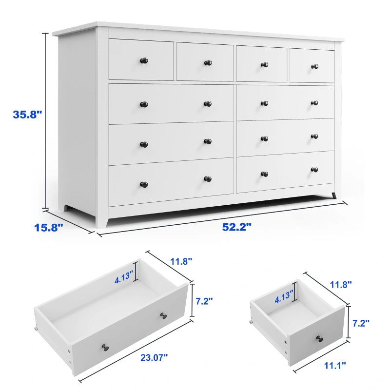 Enhomee White Dresser with 10 Drawers, 52" Wide Double Dresser , Large Long Dresser for Bedroom, Wood