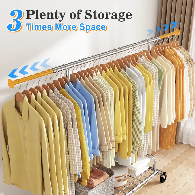 Raybee Heavy Duty Extendable Clothes Rack, 75"W Adjustable Rolling Garment Rack with Storage Shelf, 360° Lockable Wheels & Tool-Free Assembly for Bedroom Dorm Laundry