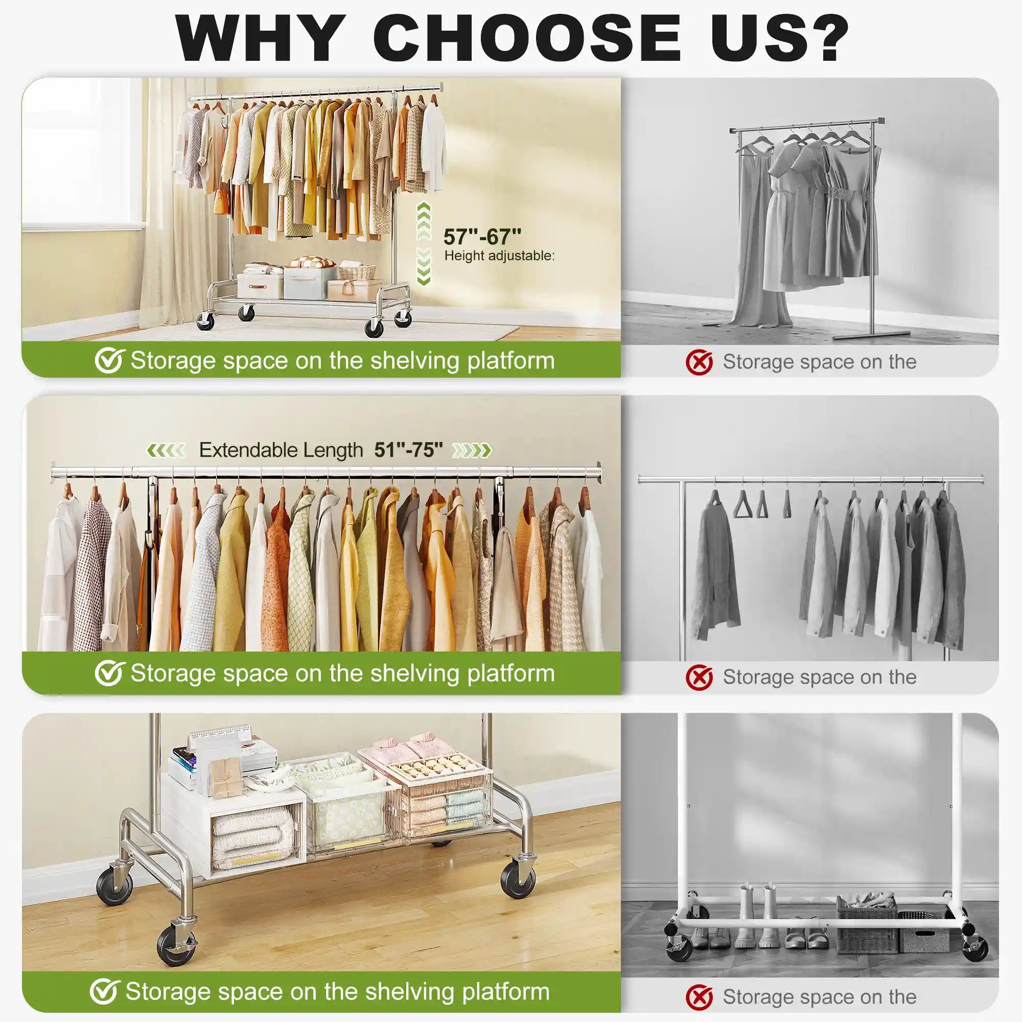 Raybee Heavy-Duty Rolling Clothes Rack, 75" Extra Wide 67"H Garment Rack with Shelf & 4 Side Hooks | 450LBS Capacity, Extendable Hanging Bar, 360° Lockable Casters, Side Hooks