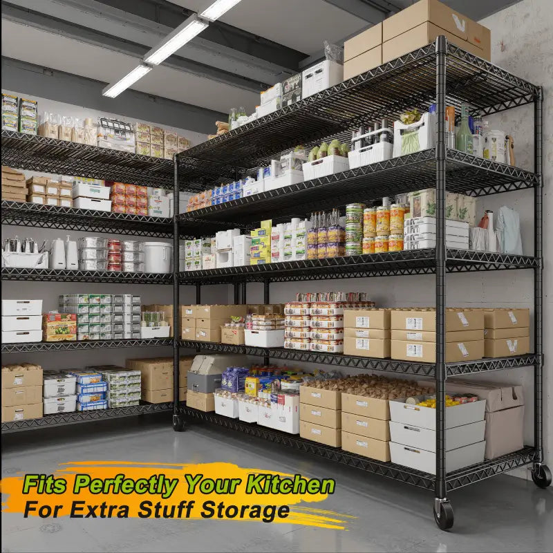 Reibii 60" W x 73" H Wire Storage Shelves on Wheels, 5-Shelf Adjustable, 3200lbs Heavy Duty Metal Shelving for Garage Kitchen Pantry