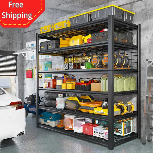 REIBII 48"W Heavy Duty Garage Shelving 6+1-Tier Adjustable Metal Shelves with Grid Plates for Basement Warehouse Garage 800