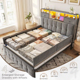 EnHomee Queen Bed Frame with 4 Storage Drawers,Upholstered Headboard Built in Charging Station