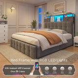 EnHomee Queen Bed Frame with 4 Storage Drawers,Upholstered Headboard Built in Charging Station