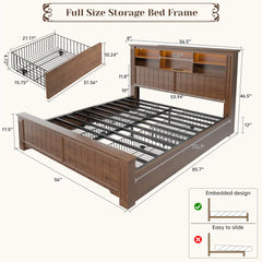 Reibii 900lbs Platform Bed Frame with Storage Headboard & 4 Drawers, LED Lighting with USB Charging