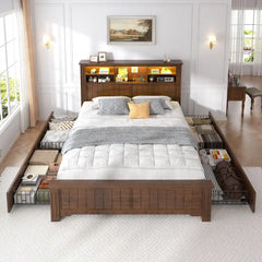 Reibii 900lbs Platform Bed Frame with Storage Headboard & 4 Drawers, LED Lighting with USB Charging