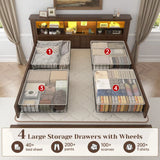 Reibii 900lbs Platform Bed Frame with Storage Headboard & 4 Drawers, LED Lighting with USB Charging