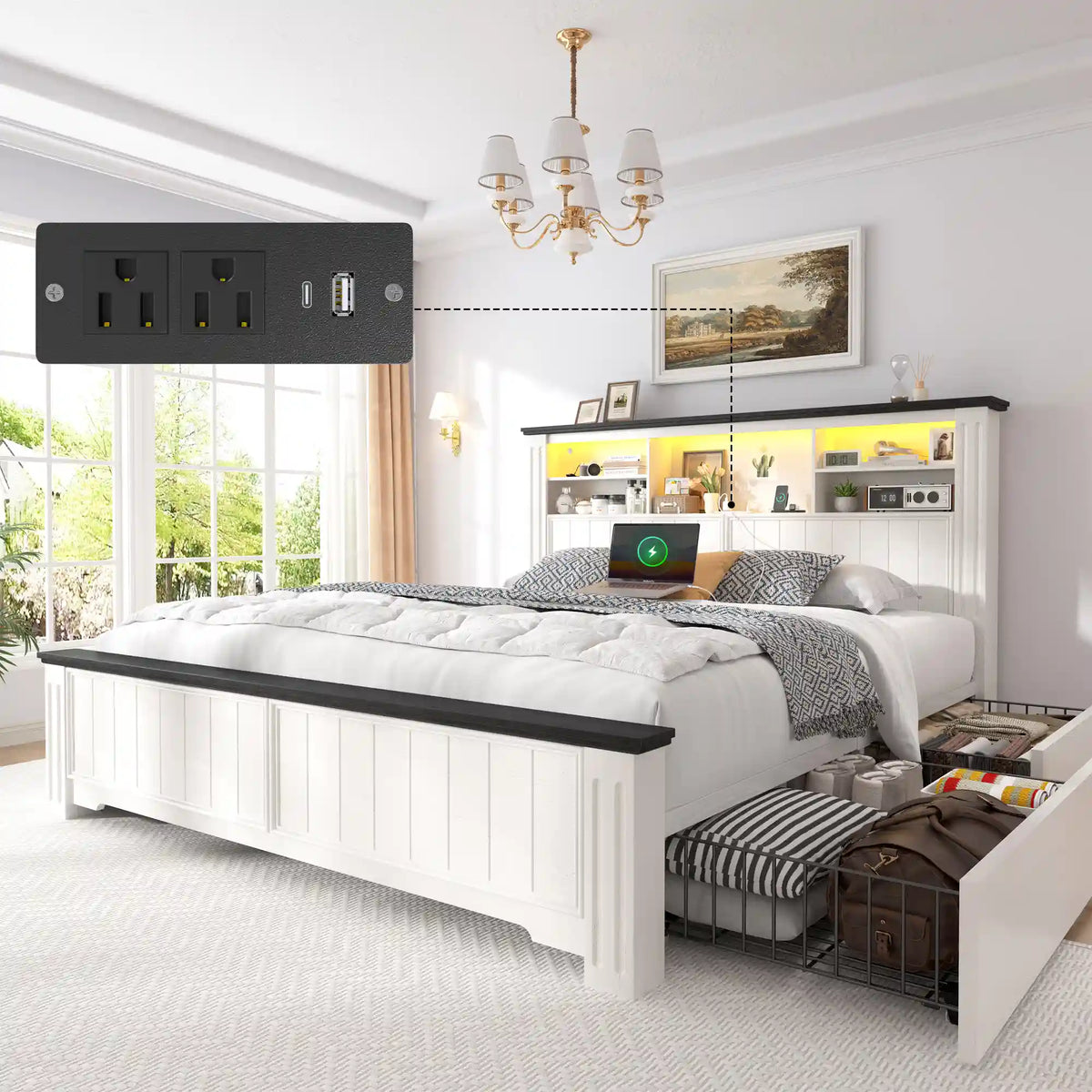 Reibii 900lbs Platform Bed Frame with Storage Headboard & 4 Drawers, LED Lighting with USB Charging