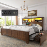 Reibii 900lbs Platform Bed Frame with Storage Headboard & 4 Drawers, LED Lighting with USB Charging