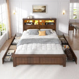 Reibii 900lbs Platform Bed Frame with Storage Headboard & 4 Drawers, LED Lighting with USB Charging