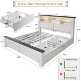 Reibii 900lbs Platform Bed Frame with Storage Headboard & 4 Drawers, LED Lighting with USB Charging