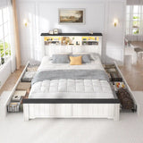 Reibii 900lbs Platform Bed Frame with Storage Headboard & 4 Drawers, LED Lighting with USB Charging
