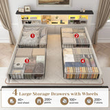 Reibii 900lbs Platform Bed Frame with Storage Headboard & 4 Drawers, LED Lighting with USB Charging