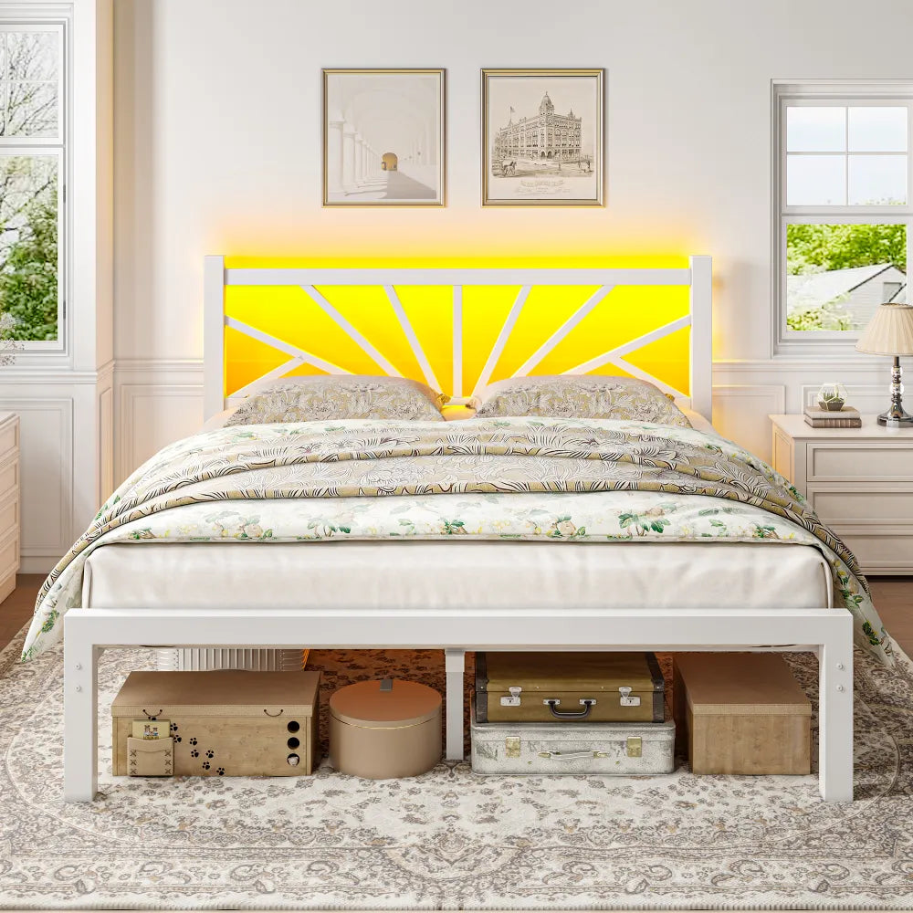 REIBII Metal Platform Bed Frame with LED Headboard, 882 LBS Heavy-Duty Support, 12" Under-Bed Storage, Noise-Reducing Design, No Box Spring Needed