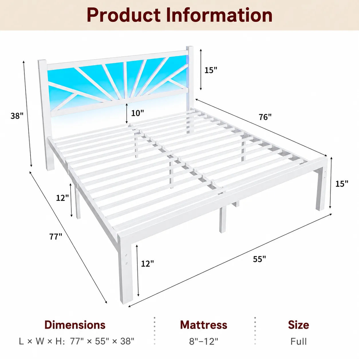 REIBII Metal Platform Bed Frame with LED Headboard, 882 LBS Heavy-Duty Support, 12" Under-Bed Storage, Noise-Reducing Design, No Box Spring Needed