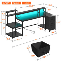 Reibii 71" W Carbon Fiber Gaming Desk, L Shaped Computer Desk with Drawer & Power Outlet