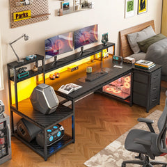 Reibii 71" W Carbon Fiber Gaming Desk, L Shaped Computer Desk with Drawer & Power Outlet