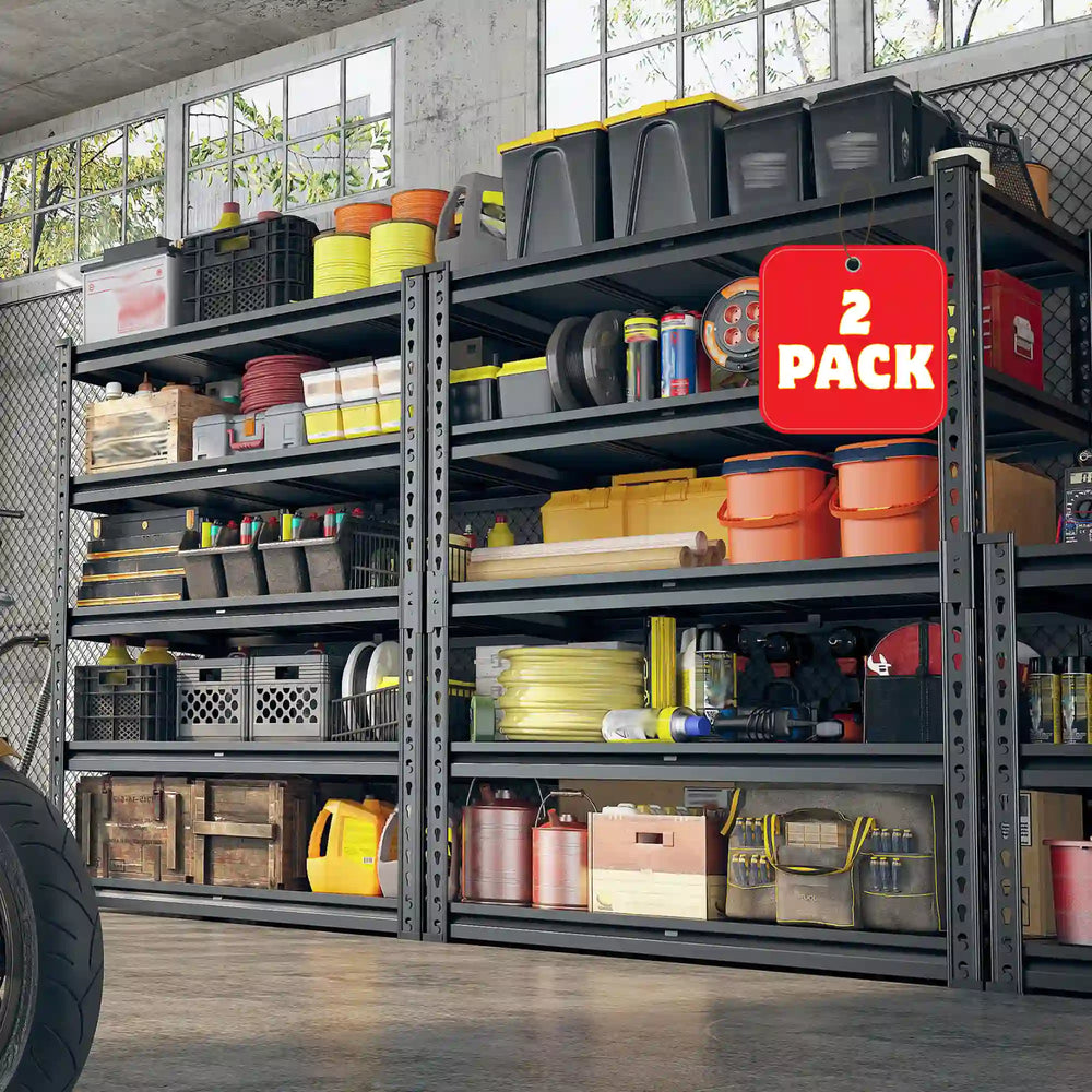 2 pack garage shelves with a durable steel frame offer a reliable storage solution for tools, bins, equipment, and household supplies.