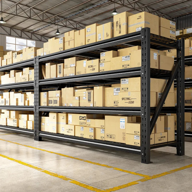 Industrial heavy duty shelving rack with adjustable shelf heights creates durable storage space for equipment, tools, and bulk items.
