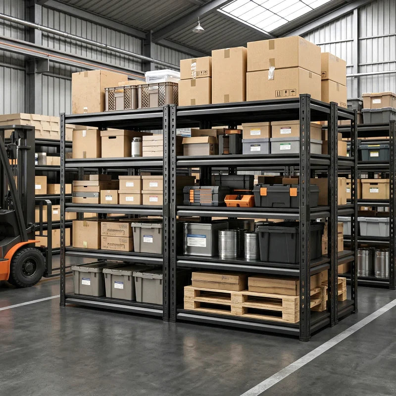 Industrial warehouse shelving unit helps businesses organize supplies and maximize storage efficiency in commercial spaces.