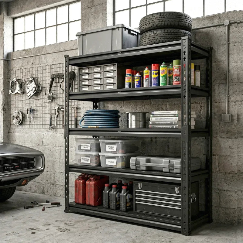 Metal garage storage shelves maximize available space while keeping your garage neat and organized.
