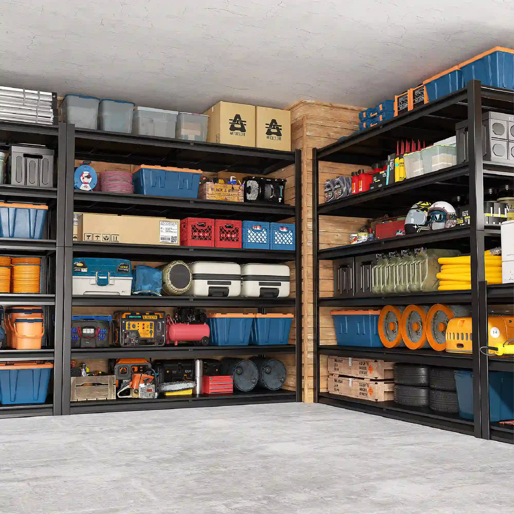 Large metal garage storage shelves provide a practical organization solution for garages, workshops, and utility spaces with plenty of room for bulky items.