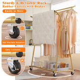 Raybee Double Rod Clothes Hanger Rack, Metal Rolling Clothing Rack With Wheels, 52"W x 20"D x (63"-69")H