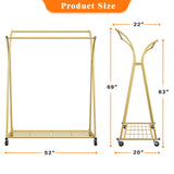 Raybee Double Rod Clothes Hanger Rack, Metal Rolling Clothing Rack With Wheels, 52"W x 20"D x (63"-69")H