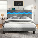 Reibii Boucle Bed Frame with LED Lights & Charging Station, 880 LBS, Modern Wave Design, Noise-Free, Easy Assembly