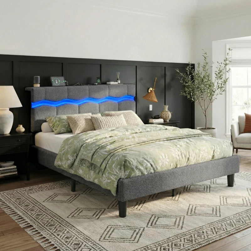 Reibii Boucle Bed Frame with LED Lights & Charging Station, 880 LBS, Modern Wave Design, Noise-Free, Easy Assembly