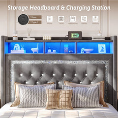 Reibii Velvet Floating Bed Frame, High Headboard with Smart LED Lights & Charging Station, No Box Spring Needed, Easy Assembly, Noise-Free