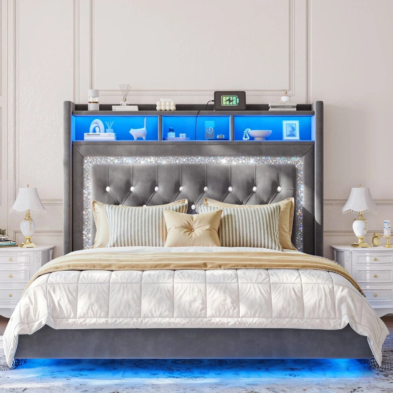 Reibii Velvet Floating Bed Frame, High Headboard with Smart LED Lights & Charging Station, No Box Spring Needed, Easy Assembly, Noise-Free