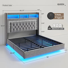 Reibii Velvet Floating Bed Frame, High Headboard with Smart LED Lights & Charging Station, No Box Spring Needed, Easy Assembly, Noise-Free