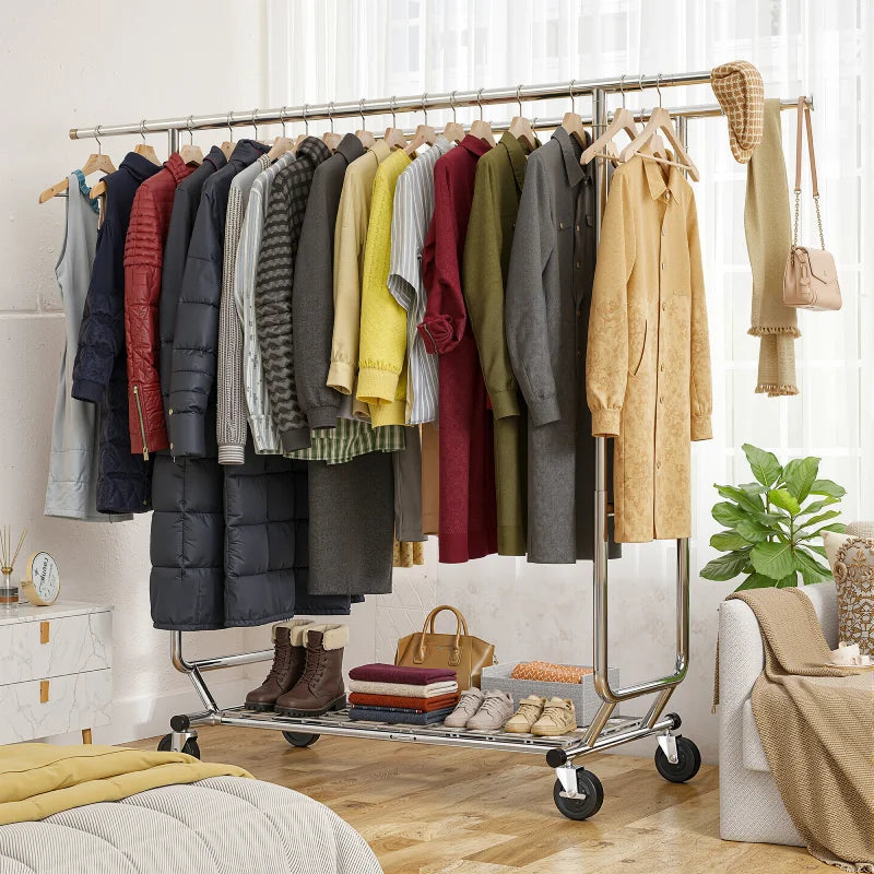 Raybee 75"W x 68"H Double Rolling Clothes Rack with Wheels,650LBS Heavy-Duty Commercial Garment Rack, For Bedroom