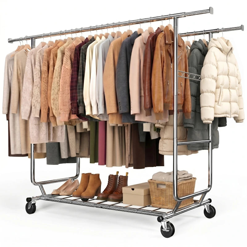 Raybee 75"W x 68"H Double Rolling Clothes Rack with Wheels,650LBS Heavy-Duty Commercial Garment Rack, For Bedroom