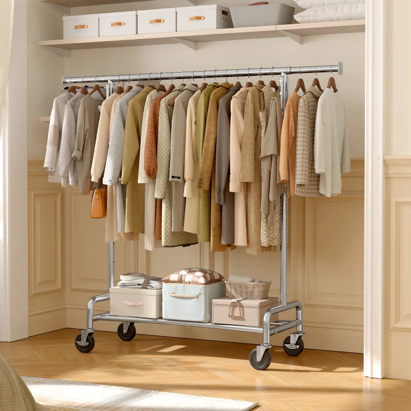Raybee Heavy-Duty Rolling Clothes Rack, 75" Extra Wide 67"H Garment Rack with Shelf & 4 Side Hooks | 450LBS Capacity, Extendable Hanging Bar, 360° Lockable Casters, Side Hooks