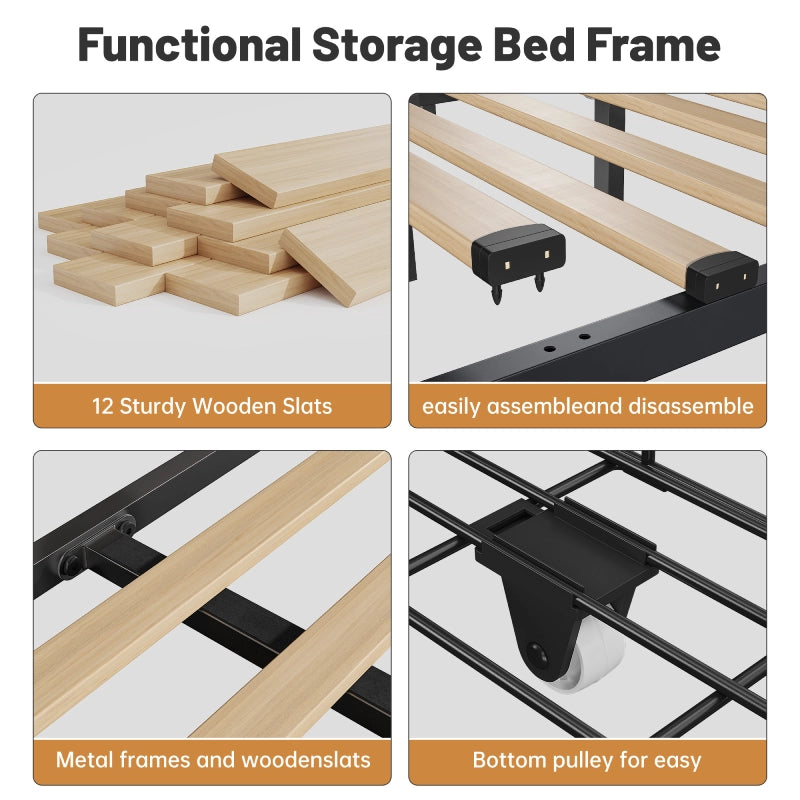 Reibii 900 lbs Heavy-Duty Upholstered Bed Frame with 3 Storage Drawers, LED Light Strip & Adjustable Headboard