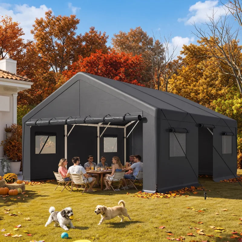 REIBII Heavy Duty 2 Car Carport, 20x20 FT Portable Garage Carport, All Weather Portable Garage Shelter,  Removable Sidewalls, Outdoor Storage & Party Tent