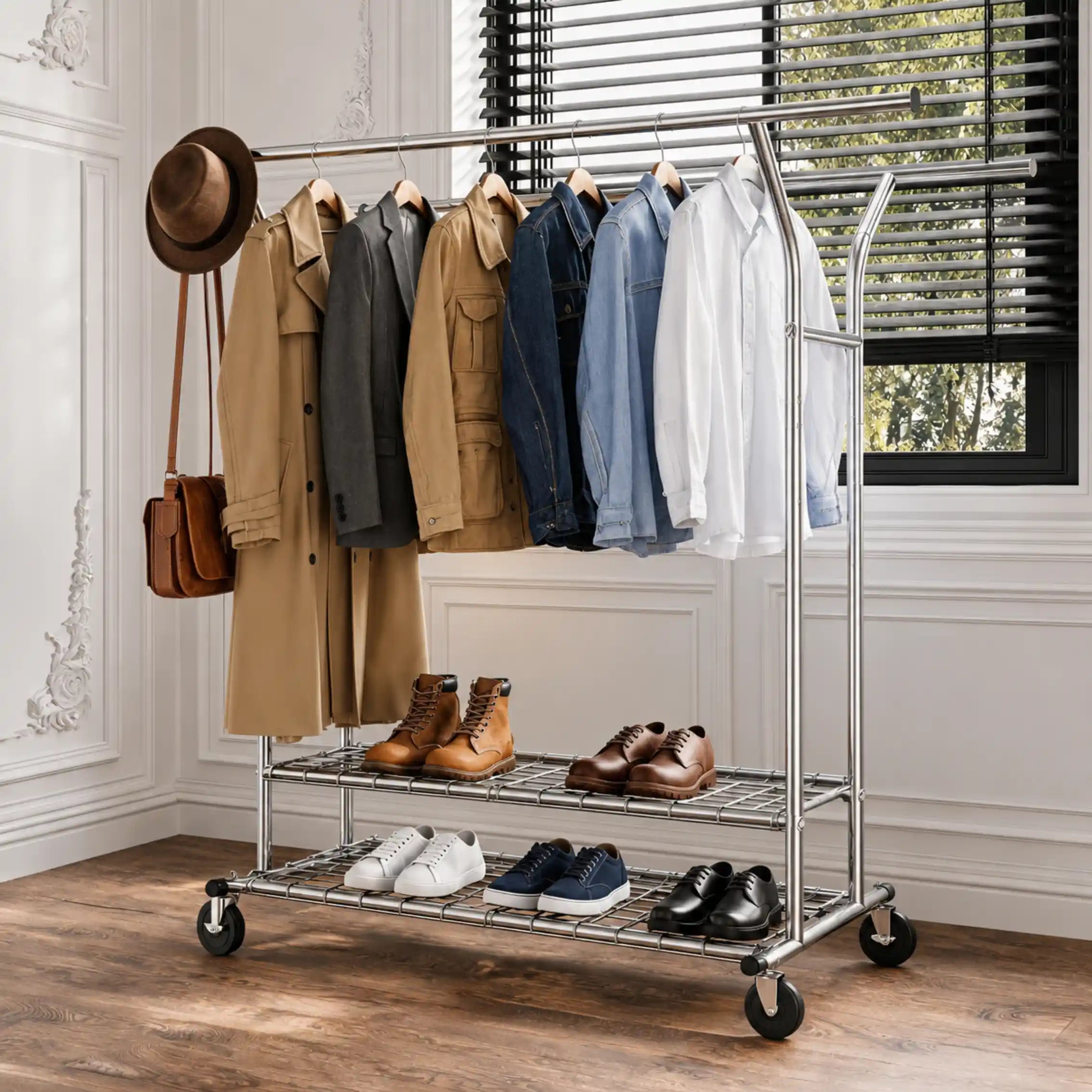 Raybee 74"W Heavy Duty Clothes Rack on Wheels, 630LBS Adjustable Double Rod Garment Rack, Chrome Metal Commercial Clothing Rack with Storage Shelves