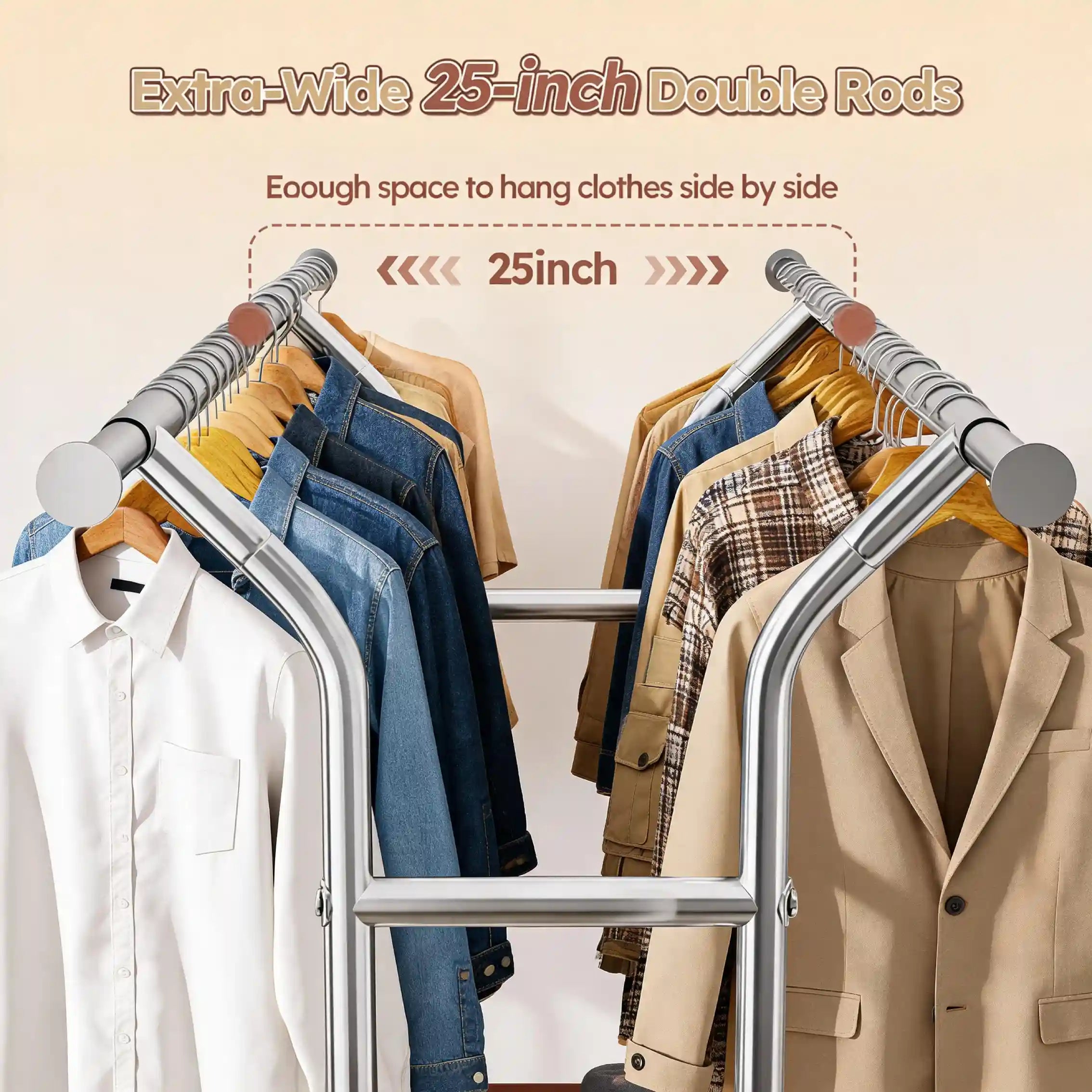 Raybee 74"W Heavy Duty Clothes Rack on Wheels, 630LBS Adjustable Double Rod Garment Rack, Chrome Metal Commercial Clothing Rack with Storage Shelves