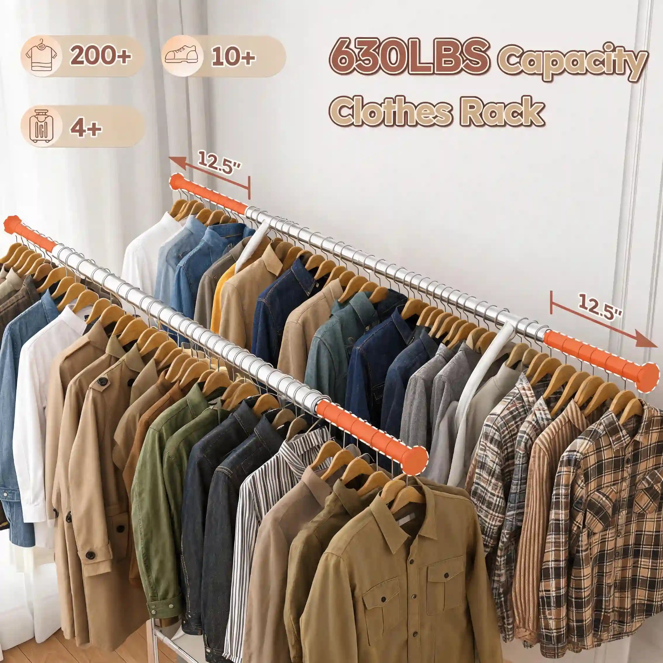 Raybee 74"W Heavy Duty Clothes Rack on Wheels, 630LBS Adjustable Double Rod Garment Rack, Chrome Metal Commercial Clothing Rack with Storage Shelves