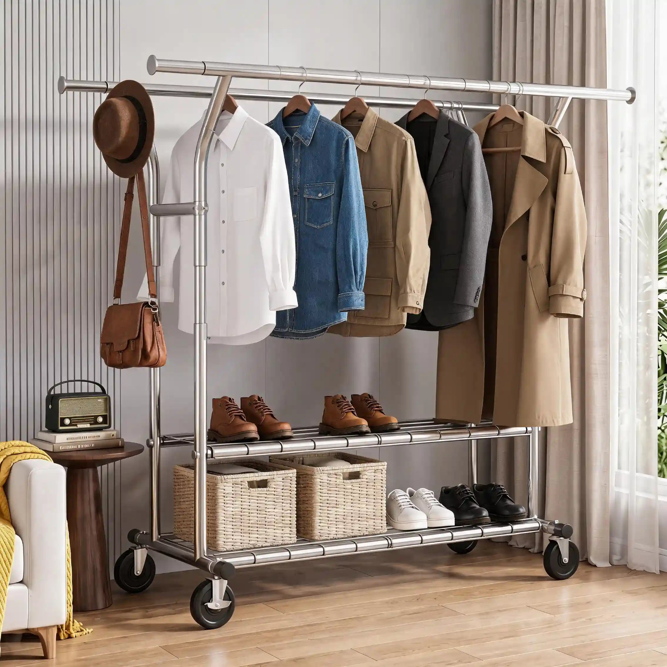 Raybee 74"W Heavy Duty Clothes Rack on Wheels, 630LBS Adjustable Double Rod Garment Rack, Chrome Metal Commercial Clothing Rack with Storage Shelves