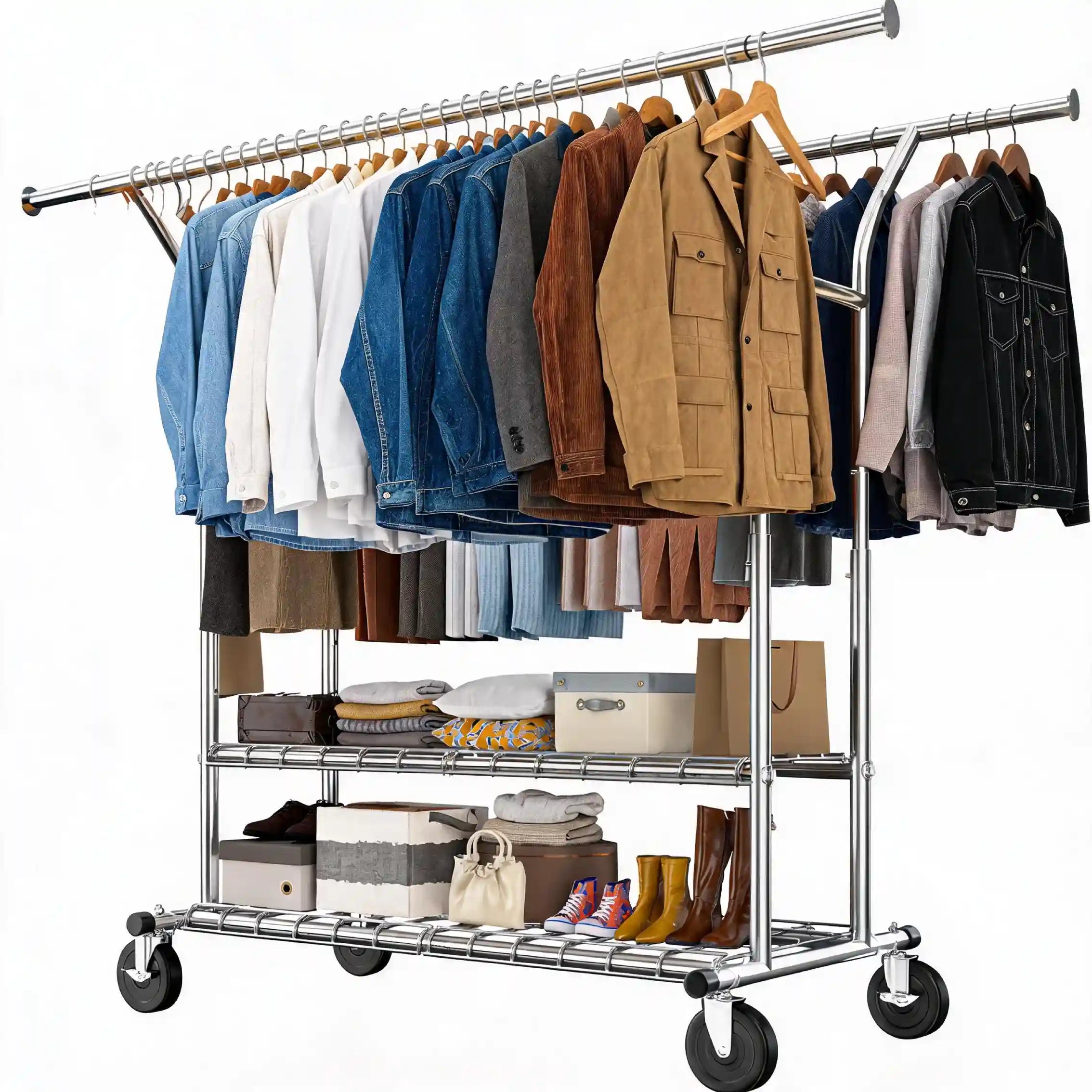 Raybee 74"W Heavy Duty Clothes Rack on Wheels, 630LBS Adjustable Double Rod Garment Rack, Chrome Metal Commercial Clothing Rack with Storage Shelves