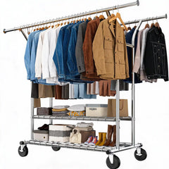 Raybee 74"W Heavy Duty Clothes Rack on Wheels, 630LBS Adjustable Double Rod Garment Rack, Chrome Metal Commercial Clothing Rack with Storage Shelves