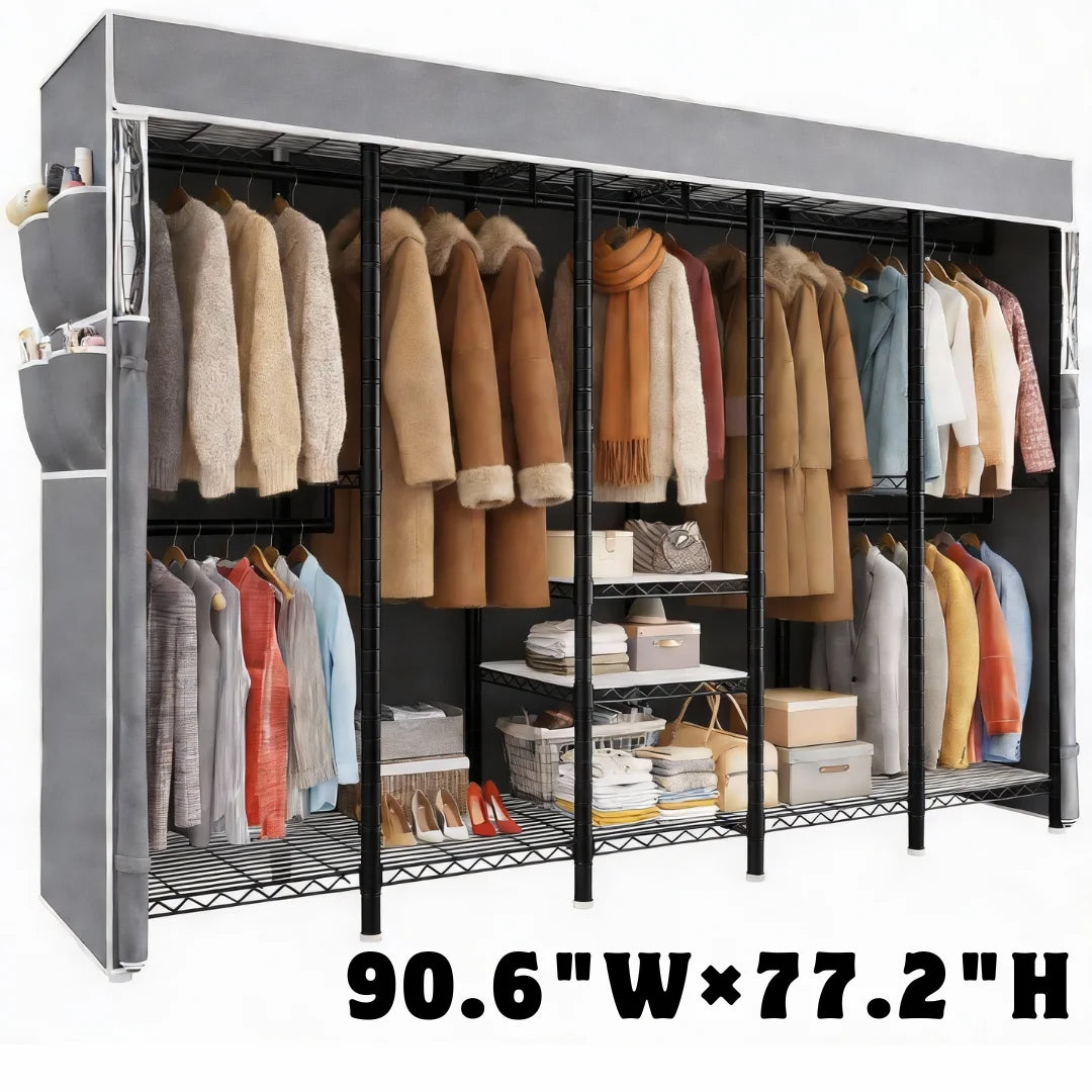 Raybee 90.6'' W x 77.2"H 1200lbs Heavy Duty Clothes Rack with Cover, Freestanding Garment Rack for Bedroom