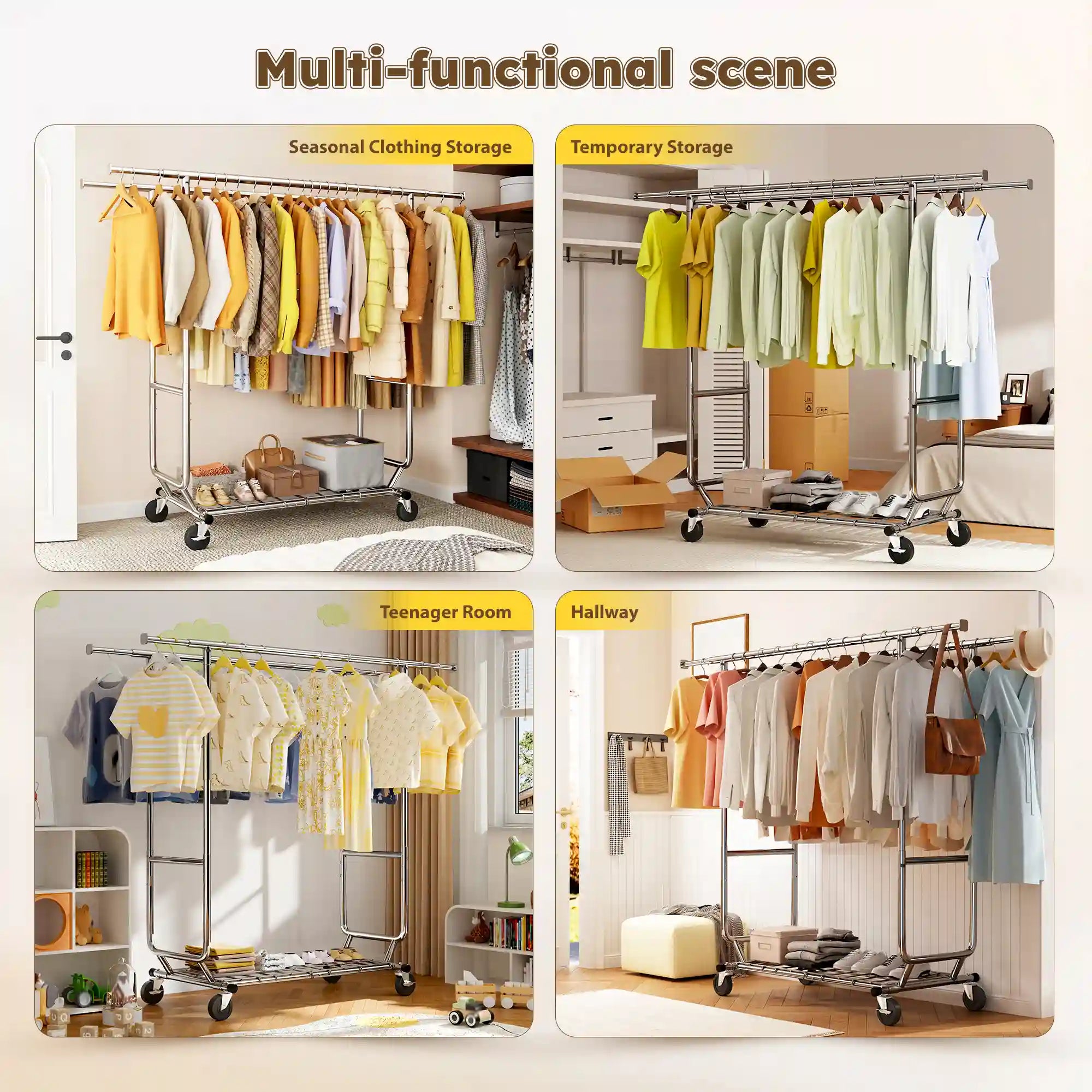 thumbnail image 2 of Heavy Duty Double Bar Rolling Garment Rack – Adjustable Length 47-78", 59" Tall, Silver 2 of 6