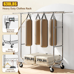 Raybee 75"W x 68"H Double Rolling Clothes Rack with Wheels,630LBS Heavy-Duty Commercial Garment Rack, For Bedroom