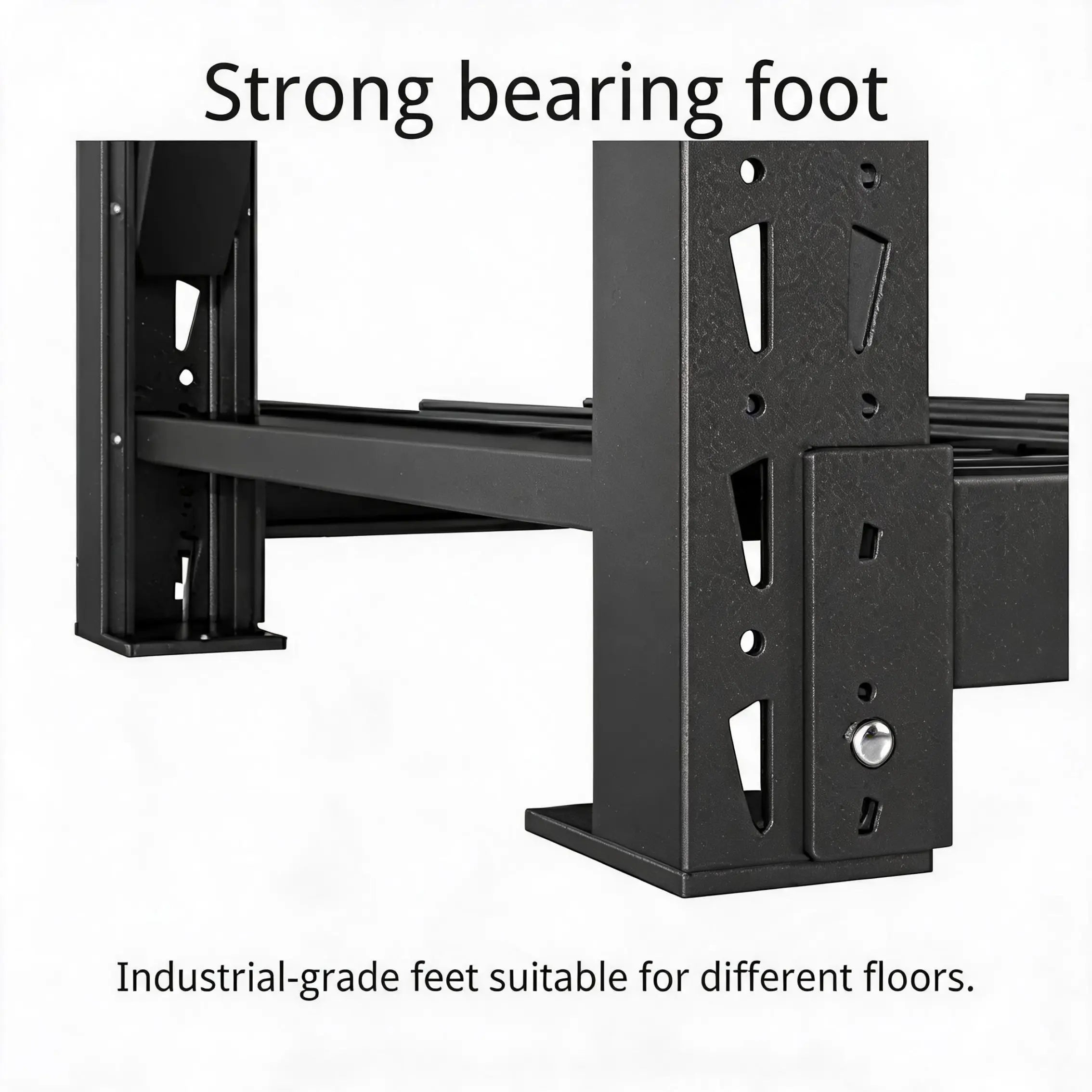 Reinforced bearing feet provide stable support for heavy duty garage shelving, helping distribute weight evenly and improve overall rack stability on different floor surfaces.