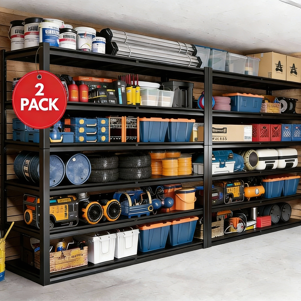 2 PACK Heavy duty steel shelving system with multiple storage levels for tools, equipment, and supplies.