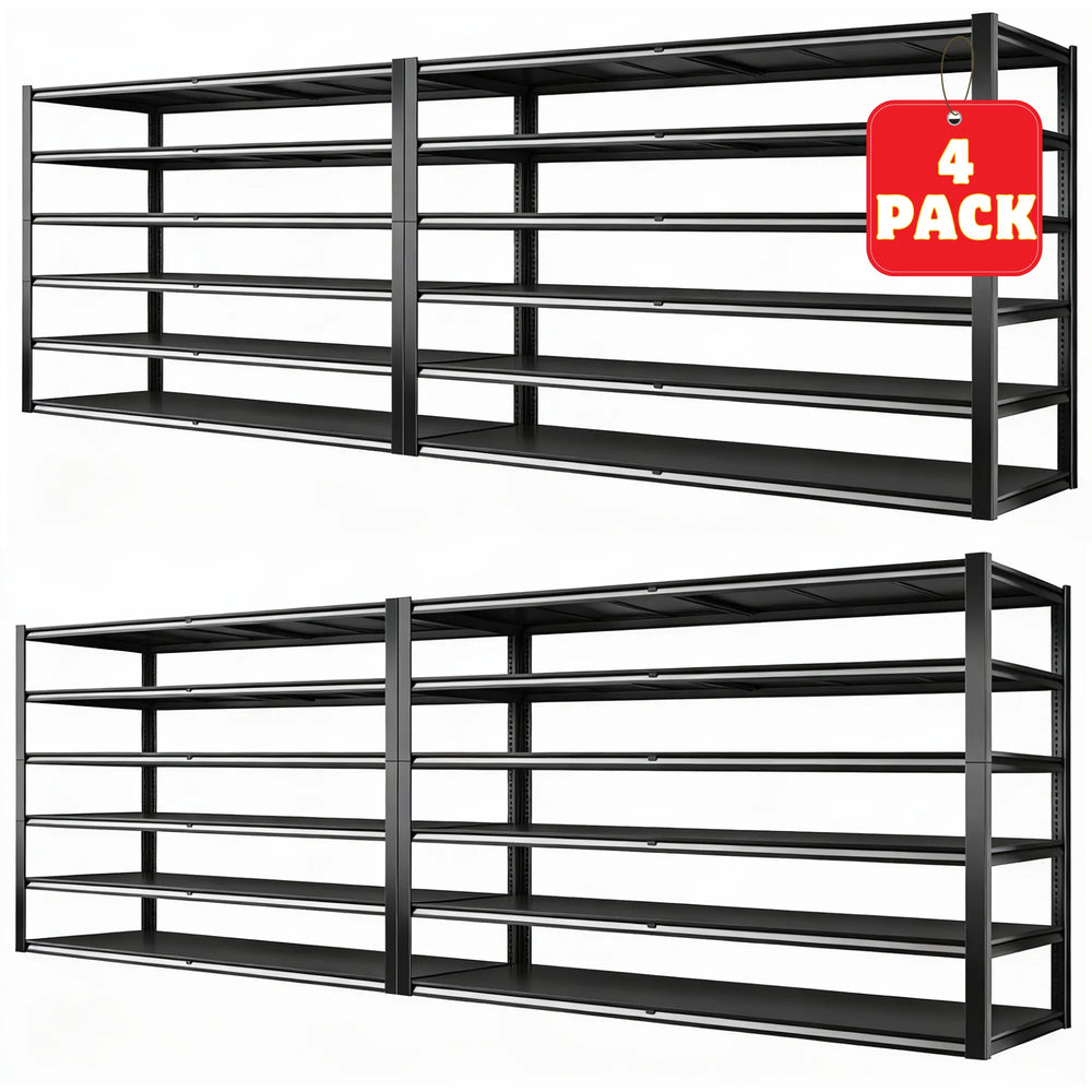 4 PACK Heavy duty garage shelving unit features a wide six-tier design with a strong steel frame, providing spacious storage space for garages, workshops, and warehouses.